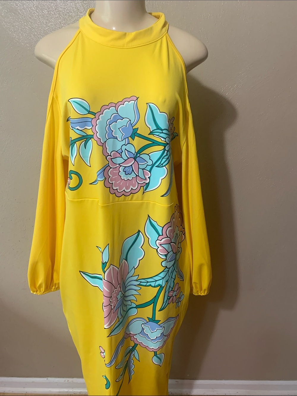 SHEIN size 2X Sunny Yellow Floral Maxi Dress Cold Shoulders - Picture 2 of 5